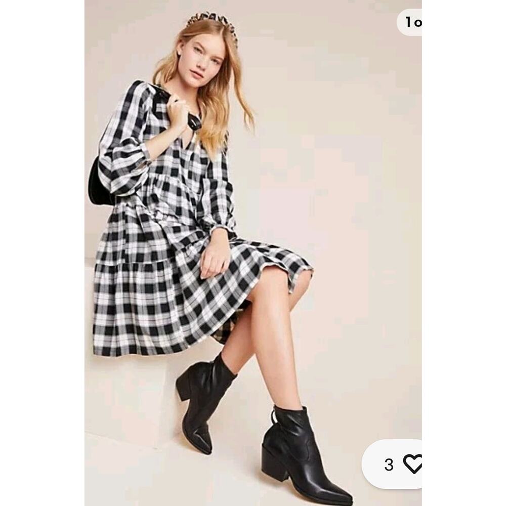 Anthropologie Maeve Black Plaid Amber Tiered Tunic Dress Small